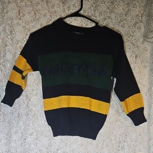 Nautica Boys Black, Green, and Yellow Striped Crewneck Sweater